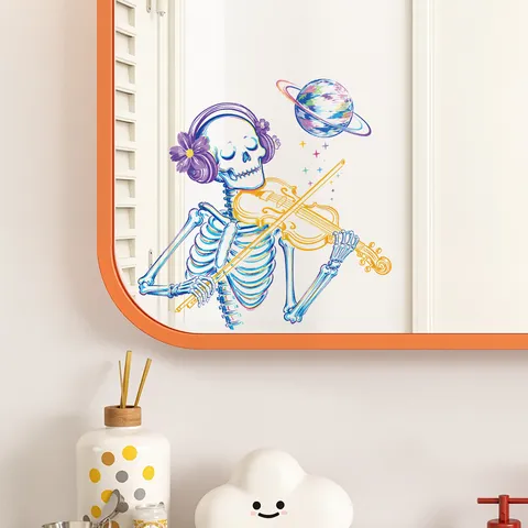 Halloween Artistic Skeleton Playing Violin Window Sticker Static Cling Decal For Mirror Glass Bathroom Decor