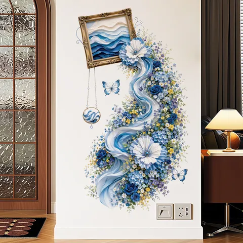 Blue Rose Photo Frame Floral Waterfall Wall Sticker Aesthetic Decorative Painting For Bedroom Door Botanical Flower Wall Decal PVC Waterproof Decor