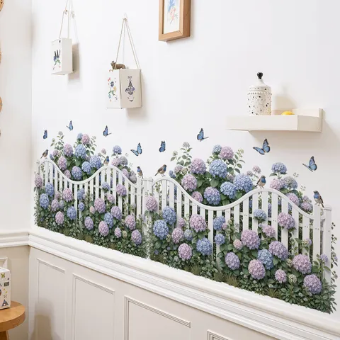 Blue Hydrangea Wall Sticker Skirting Border Fence Floral Decal Removable PVC Waterproof Mural For Glass Window Home Decoration