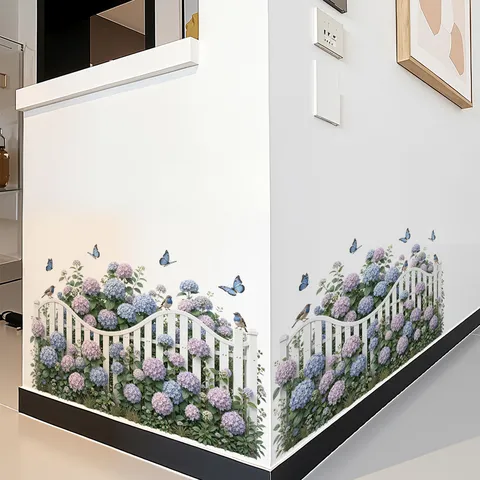 Blue Hydrangea Wall Sticker Skirting Border Fence Floral Decal Removable PVC Waterproof Mural For Glass Window Home Decoration