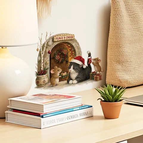 Adesivo da Parete Angolo Topo di Natale Simpatico Gatto per Finestra PVC Rimovibile Decorazione Domestica Festiva Carta da Parati Impermeabile