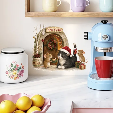 Adesivo da Parete Angolo Topo di Natale Simpatico Gatto per Finestra PVC Rimovibile Decorazione Domestica Festiva Carta da Parati Impermeabile