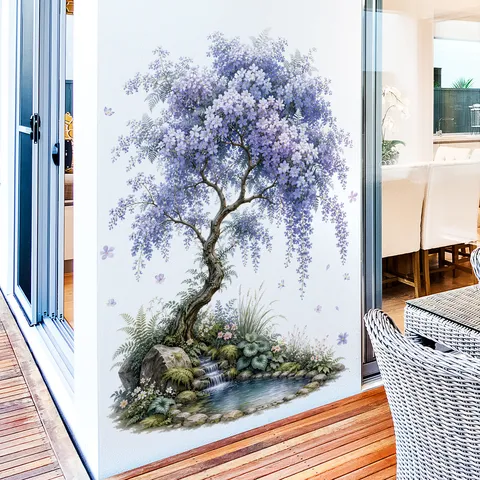 Grote Blauweregen Bloemen Boom Muursticker PVC Verwijderbare Botanisch Landschap Scenerie Muursticker Voor Woonkamer Achtergrond Decor