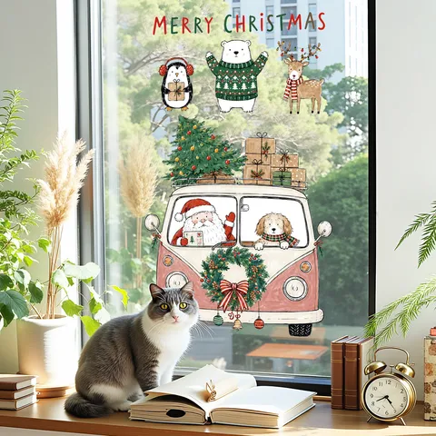 Weihnachten Fensteraufkleber Statisch Haftend Weihnachtsmann Karikatur Tiere Muster PVC Glastür Dekoration Aufkleber Festliche Partybedarf Haus Ornamente
