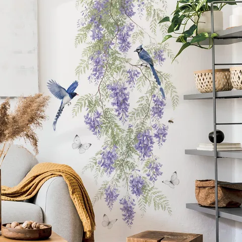 Verwijderbare Wisteria Bloem Rank Muursticker Paars Floraal Vogel Vlinder Sticker Voor Woonkamer Slaapkamer Deur Decoratie