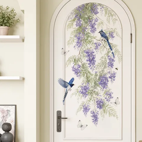 Verwijderbare Wisteria Bloem Rank Muursticker Paars Floraal Vogel Vlinder Sticker Voor Woonkamer Slaapkamer Deur Decoratie