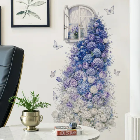 Sticker Mural Fenêtre Fleurs Bleu Violet 3D Papillon Hydrangea Tulipe PVC Imperméable Auto-Adhésif Décoration Salon Chambre Peinture Murale