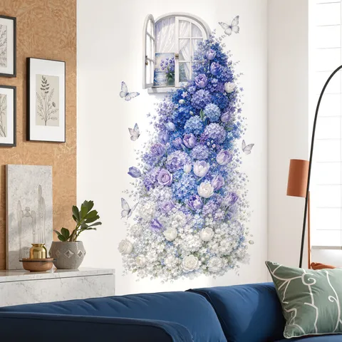 Sticker Mural Fenêtre Fleurs Bleu Violet 3D Papillon Hydrangea Tulipe PVC Imperméable Auto-Adhésif Décoration Salon Chambre Peinture Murale