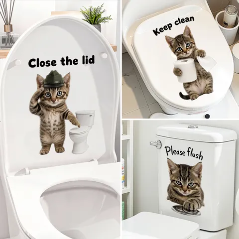 Autocollant de Couvercle de Toilette Chat de Dessin Animé Amusant PVC Imperméable Sticker Mural Décoration de Salle de Bain pour Maison