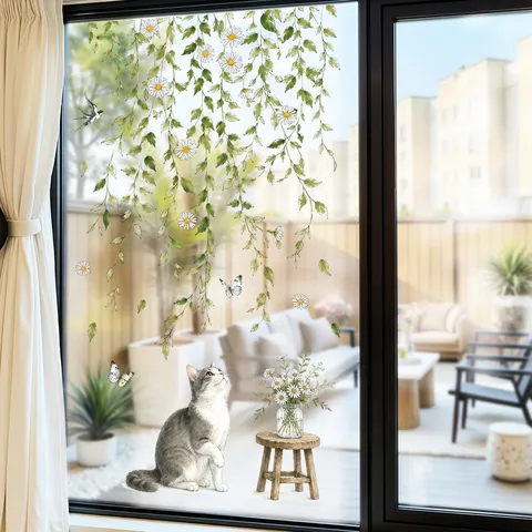 Daisy Flower Cat Vines Wall Sticker Self-Adhesive PVC Glass Window Decal For Living Room Bedroom Furniture Decoration