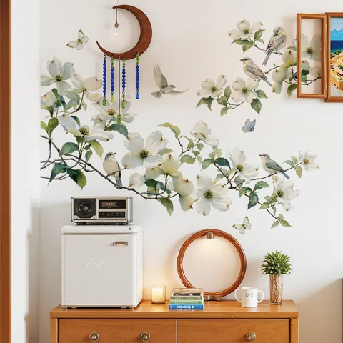 Minimaliste PVC Imperméable Stickers Muraux Fleurs Botaniques Branches Arbre Oiseaux Papillon Motif Amovible Auto-Adhésif DIY Décalcomanies pour Salon Chambre Home Decor
