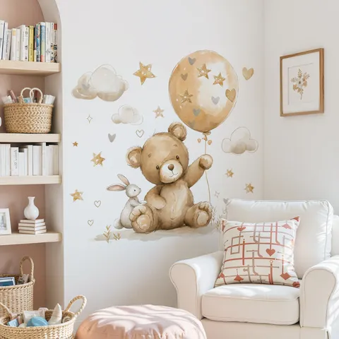 Watercolor Balloon Bear Wall Stickers Removable Vinyl Wall Decals For Kids Room Nursery Decor Cloud Star Bunny Wall Art