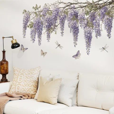 Wisteria Bloem Muurstickers Verwijderbare Florale Muurstickers Voor Slaapkamer Woonkamer Bed Achtergrond Home Decoratie PVC Kunst Muurschildering