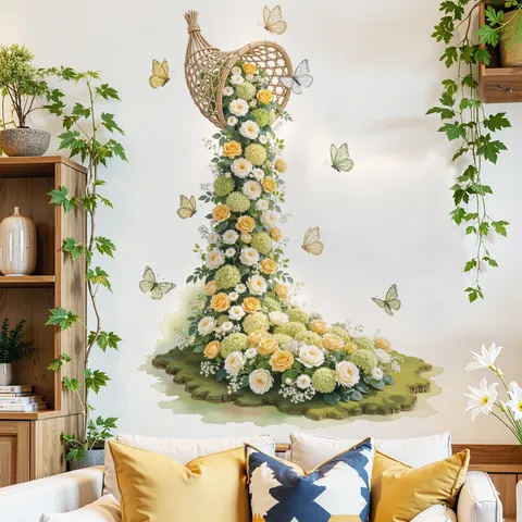 Wasserdicht Blumenkorb Rose Wandtattoo Für Wohnzimmer Schlafzimmer Home Decor Blume Schmetterling Muster PVC Aufkleber