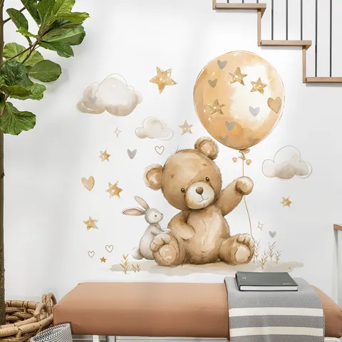 Watercolor Balloon Bear Wall Stickers Removable Vinyl Wall Decals For Kids Room Nursery Decor Cloud Star Bunny Wall Art