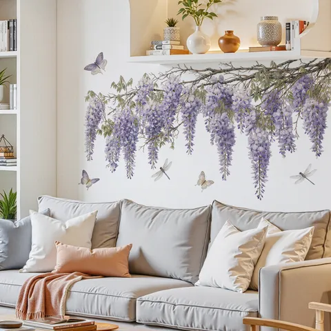 Wisteria Bloem Muurstickers Verwijderbare Florale Muurstickers Voor Slaapkamer Woonkamer Bed Achtergrond Home Decoratie PVC Kunst Muurschildering