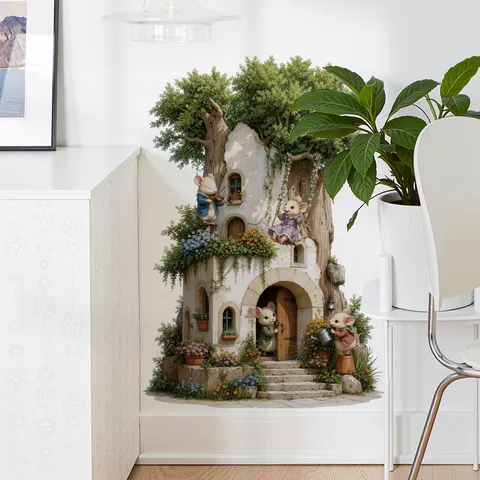 Niedliche Wald Baumhaus Cartoon Maus Wandtattoo Für Kinderzimmer Wasserdicht Abnehmbar PVC Bedruckt Wandbild Flur Ecke Dekoration