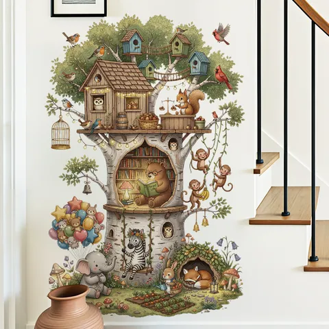 Waldbaumhaus Cartoon Tiere Wandaufkleber Für Kinderzimmer Kindergarten Groß PVC Wasserdicht Abnehmbar Forest Life Wandtattoo Dekoration