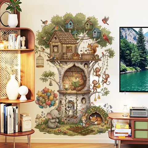 Waldbaumhaus Cartoon Tiere Wandaufkleber Für Kinderzimmer Kindergarten Groß PVC Wasserdicht Abnehmbar Forest Life Wandtattoo Dekoration