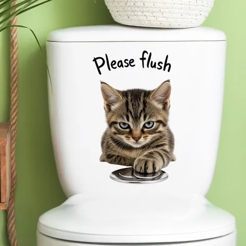 Autocollant de Couvercle de Toilette Chat de Dessin Animé Amusant PVC Imperméable Sticker Mural Décoration de Salle de Bain pour Maison