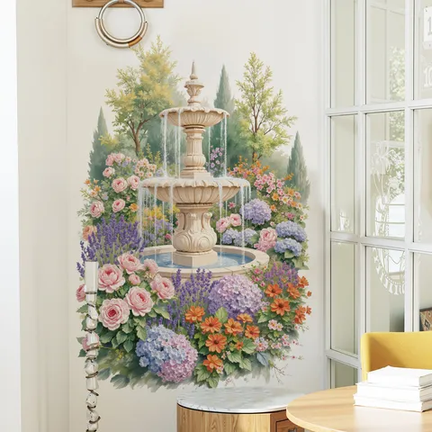 Pastoral PVC Waterproof Wall Sticker European Garden Fountain Flower Plant Pattern Removable Art Mural For Living Room Bedroom