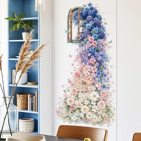 Blue Rose Faux Window Wall Sticker PVC Waterproof Self Adhesive Floral Decor For Living Room Bedroom Kitchen Wall Decal