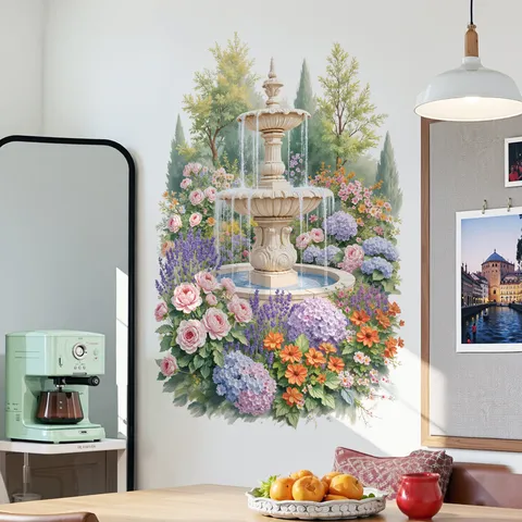 Pastoral PVC Waterproof Wall Sticker European Garden Fountain Flower Plant Pattern Removable Art Mural For Living Room Bedroom