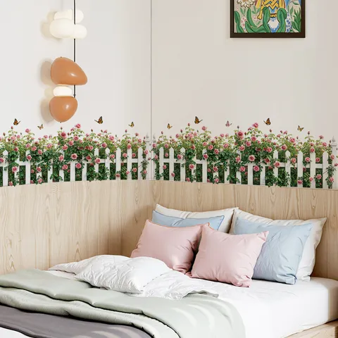 Pastoral PVC Rose Vine Fence Wall Sticker Translucent Waterproof Removable Flower Butterfly Backdrop Decal For Bedroom Living Room Decor