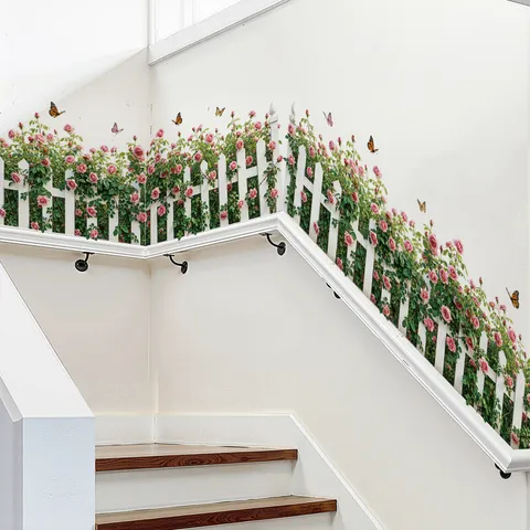 Pastoral PVC Rose Vine Fence Wall Sticker Translucent Waterproof Removable Flower Butterfly Backdrop Decal For Bedroom Living Room Decor