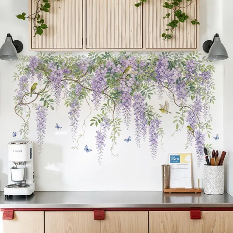 Sticker Mural Vigne de Fleurs et Plantes Pastorales Feuille Verte Murale Amovible pour Décoration Maison Cuisine Papier Peint PVC
