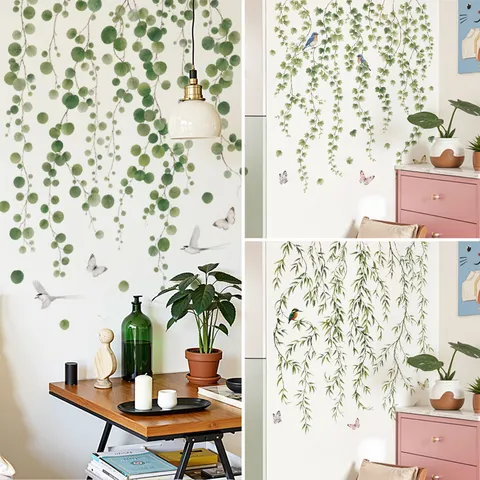 Green Vine Plant Wall Sticker Hanging Leaves Potted Plants PVC Waterproof Wall Decal For Living Room Bedroom Window Cabinet Decor
