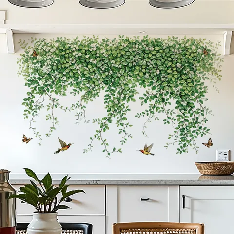 Sticker Mural Vigne de Fleurs et Plantes Pastorales Feuille Verte Murale Amovible pour Décoration Maison Cuisine Papier Peint PVC