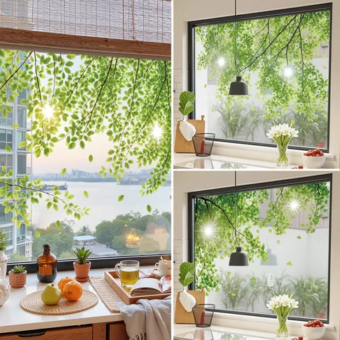 Green Forest Leaves Static Cling Window Sticker PVC Removable Sunshade Glass Decal For Living Room Store Office Decor Privacy Film