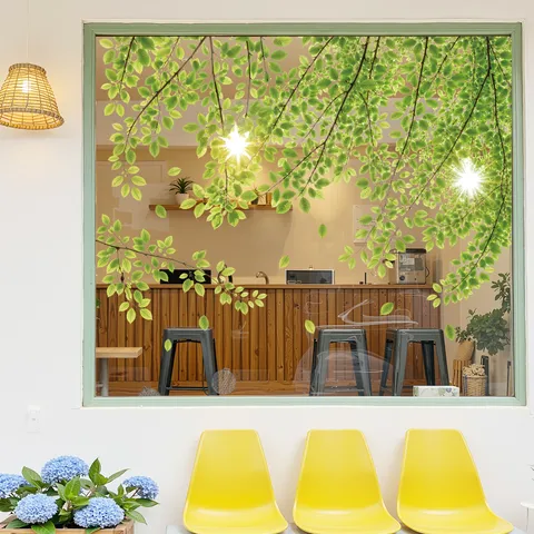 Green Forest Leaves Static Cling Window Sticker PVC Removable Sunshade Glass Decal For Living Room Store Office Decor Privacy Film