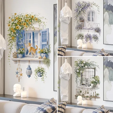 Sticker Mural 3D Fausse Fenêtre PVC Imperméable Vignes Fleurs Motif Chat Décalcomanie Murale Pour Salon Chambre Décoration Maison