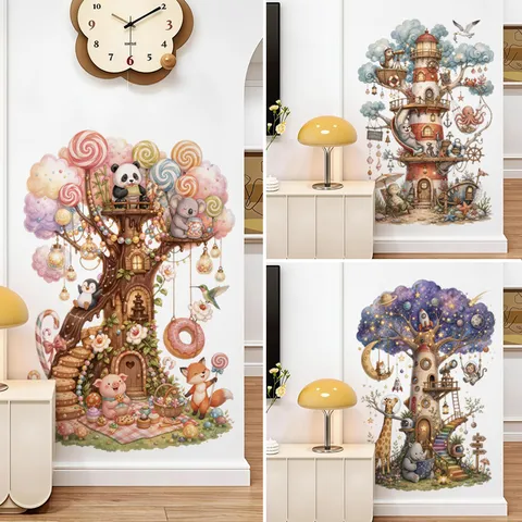 Stickers Muraux Enfants Cabane Animaux Dessin Animé Forêt Champignon Ciel Étoilé Phare PVC Autocollants Muraux Amovibles pour Décoration Chambre