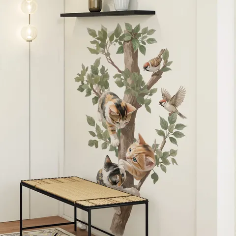 Cartoon Cat Climbing Tree Wall Sticker Removable PVC Green Plant Large Wall Decal For Living Room Pet Store Background Decoration