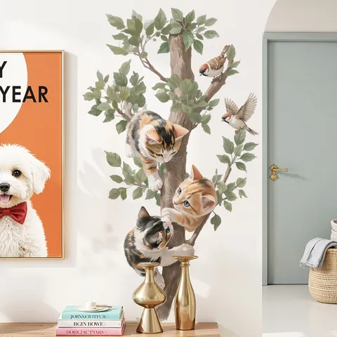 Cartoon Cat Climbing Tree Wall Sticker Removable PVC Green Plant Large Wall Decal For Living Room Pet Store Background Decoration