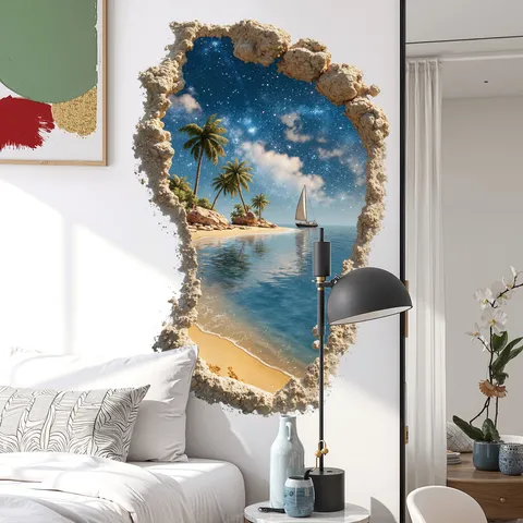 3D Effect Blue Sky Beach Coast Wall Sticker Removable Palm Tree Starry Sea Art Mural Backdrop For Bedroom Living Room Home Decor