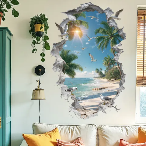 3D Effect Coastal Landscape Wall Sticker PVC Waterproof Broken Wall Vision Palm Tree Seagull Beach Home Decor Wall Decal