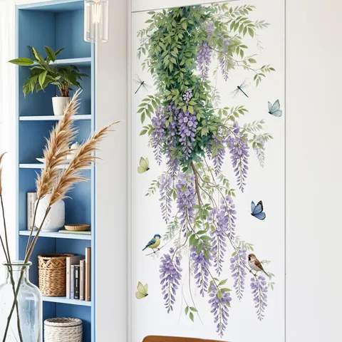 Wisteria Klimplant Muursticker Paarse Bloem Vlinder Vogel PVC Muursticker Voor Woonkamer Slaapkamer Deur Achtergrond Decor