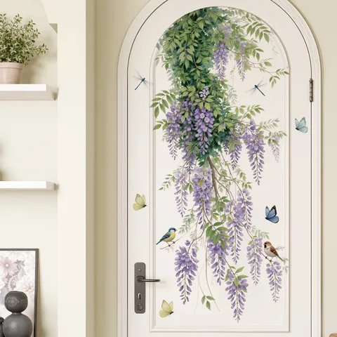 Wisteria Klimplant Muursticker Paarse Bloem Vlinder Vogel PVC Muursticker Voor Woonkamer Slaapkamer Deur Achtergrond Decor
