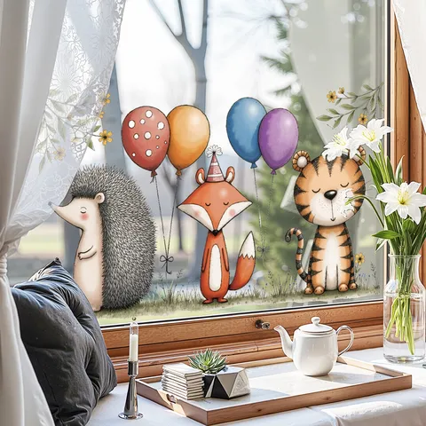 Cartoon Animal Balloon Fox Tiger Hedgehog Window Stickers Static Cling Colorful UV Double Sided Glass Decals For Children Room Home Decor