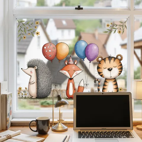 Cartoon Animal Balloon Fox Tiger Hedgehog Window Stickers Static Cling Colorful UV Double Sided Glass Decals For Children Room Home Decor