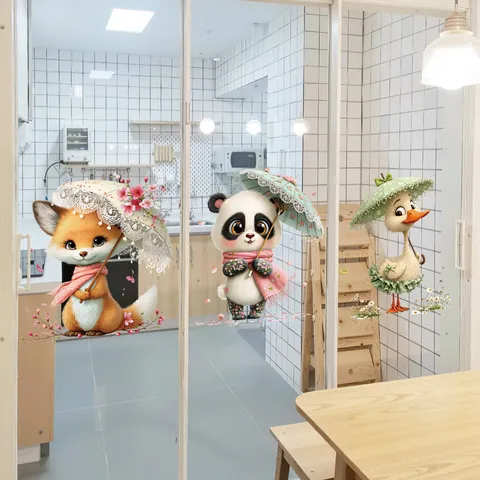 Cartoon Animal Umbrella Window Sticker Removable Static Cling Glass Decals Panda Duck Fox For Living Room Bedroom Kitchen Home Decor
