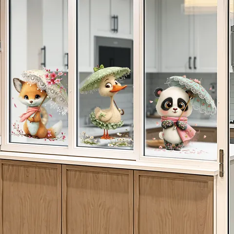 Cartoon Animal Umbrella Window Sticker Removable Static Cling Glass Decals Panda Duck Fox For Living Room Bedroom Kitchen Home Decor
