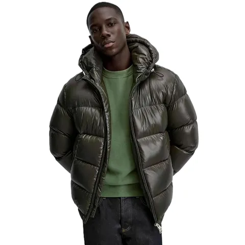 Men's Winter Hooded Padded Jacket Glossy Polyester Cotton Puffer Coat Warm Casual Quilted Parka Full Zip Outerwear Plus Size