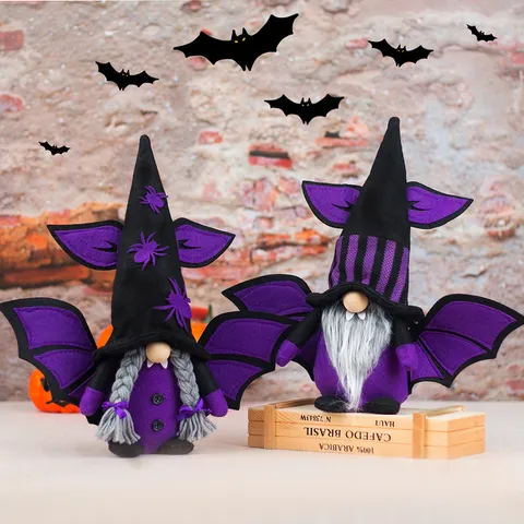 Halloween Vampire Bat Gnome Plush Faceless Doll Decoration Purple Wings Spider Pattern For Festival Home Table Decor