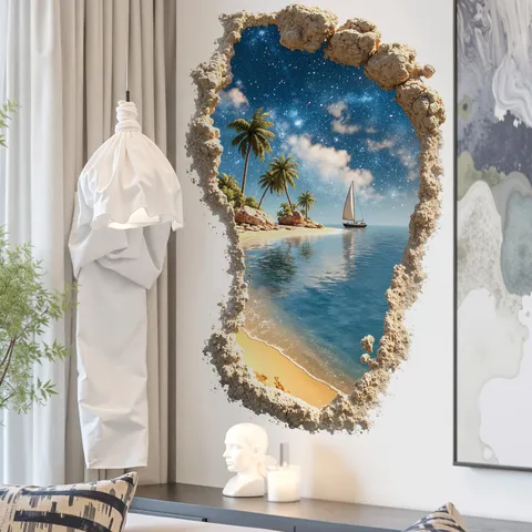 3D Effect Blue Sky Beach Coast Wall Sticker Removable Palm Tree Starry Sea Art Mural Backdrop For Bedroom Living Room Home Decor