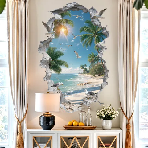 3D Effect Coastal Landscape Wall Sticker PVC Waterproof Broken Wall Vision Palm Tree Seagull Beach Home Decor Wall Decal